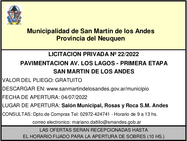 Licitación privada 22 de 2022 - Turismo San Martín de los Andes