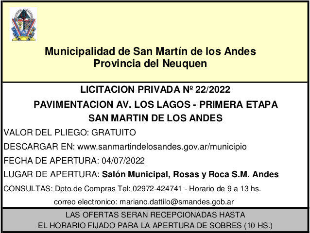 Licitación privada 22 de 2022 - Turismo San Martín de los Andes Licitación privada 22 de 2022 - Turismo San Martín de los Andes